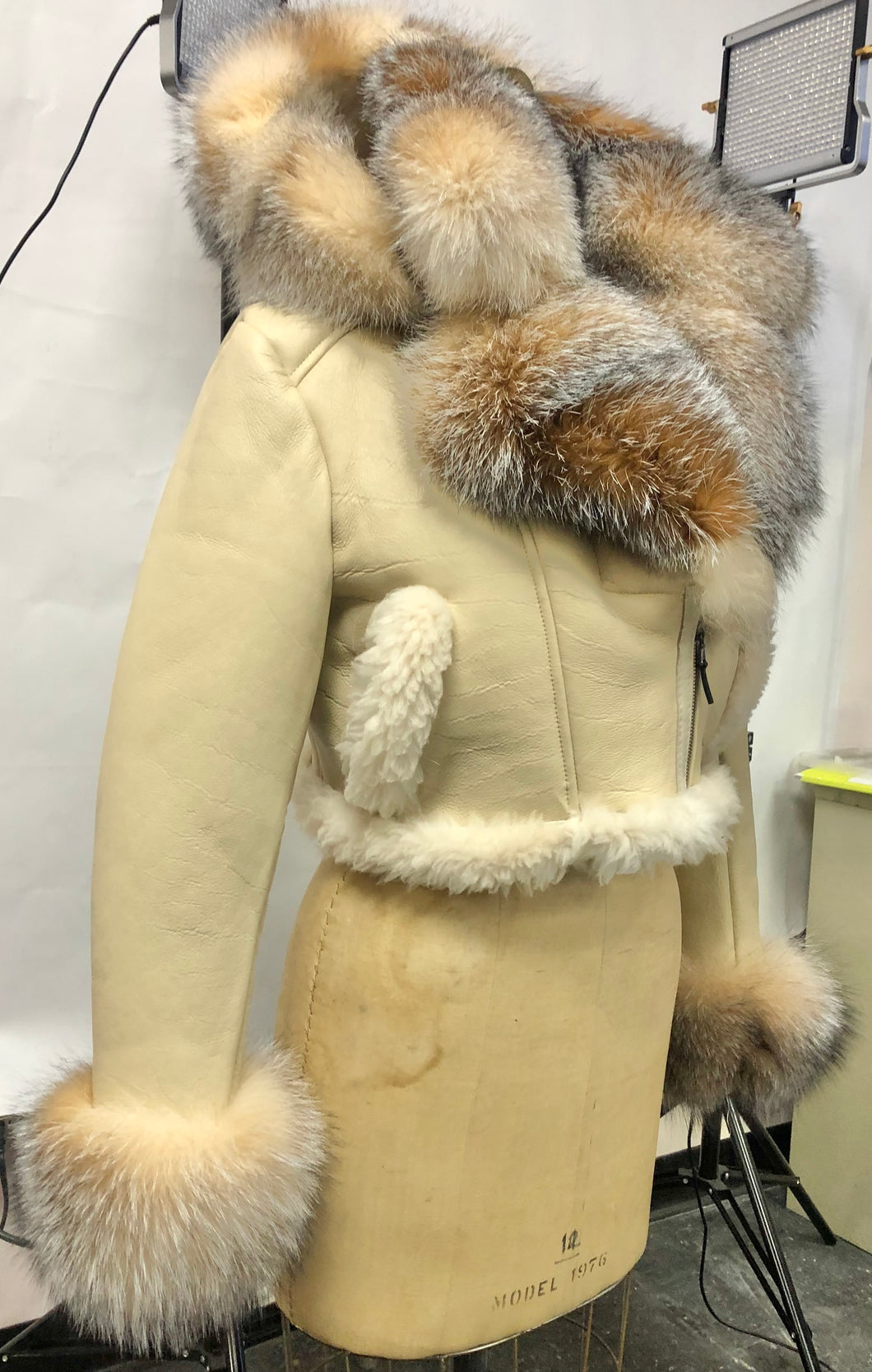 Women's Sheepskin Shearling Waist Jacket With Crystal Fox