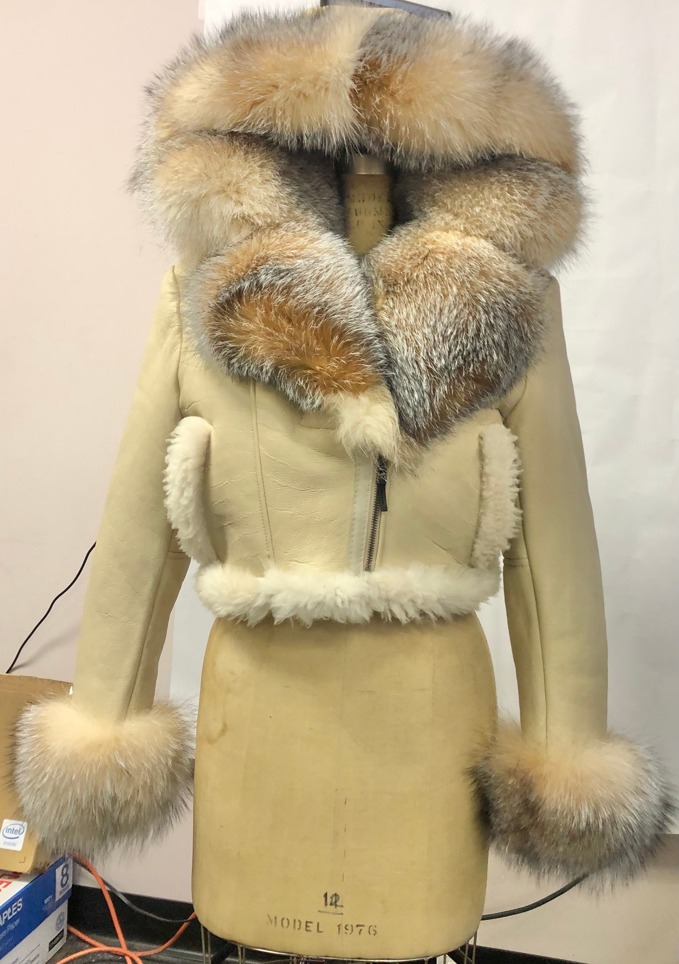 Women's Sheepskin Shearling Waist Jacket With Crystal Fox