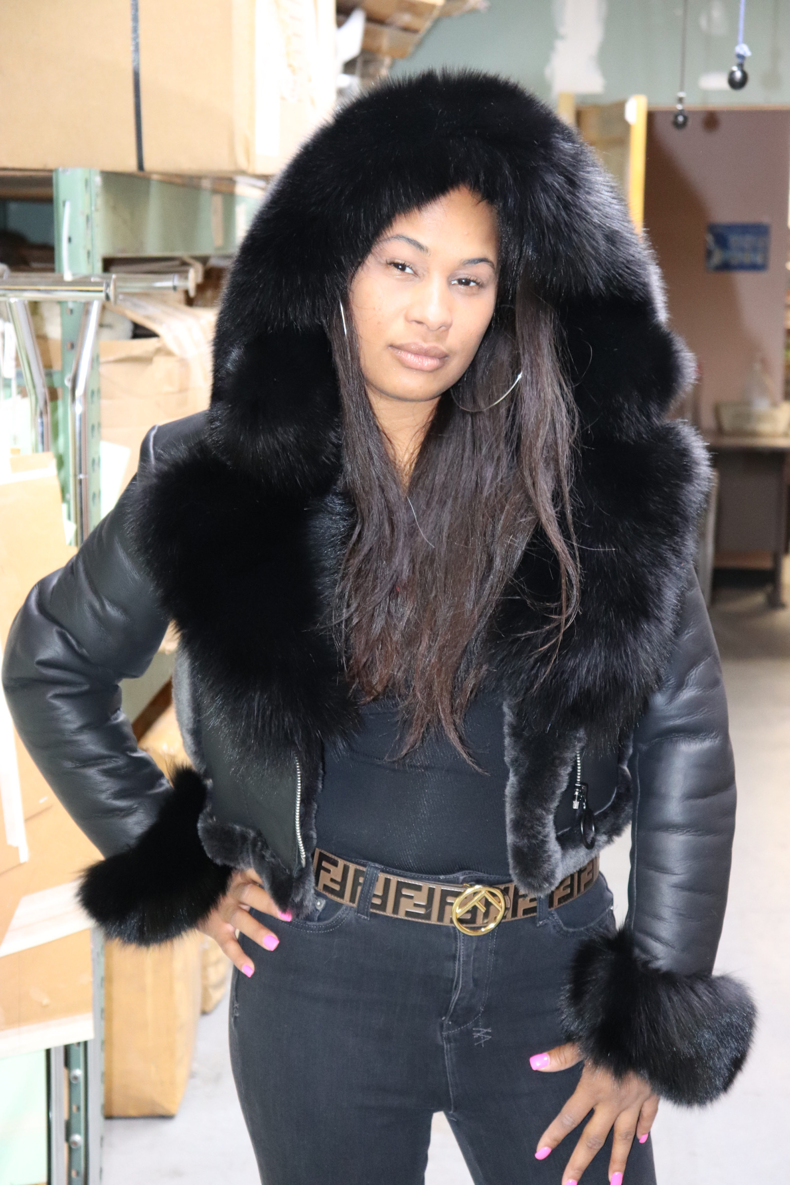 Women's Sheepskin Shearling Waist Jacket With Crystal Fox